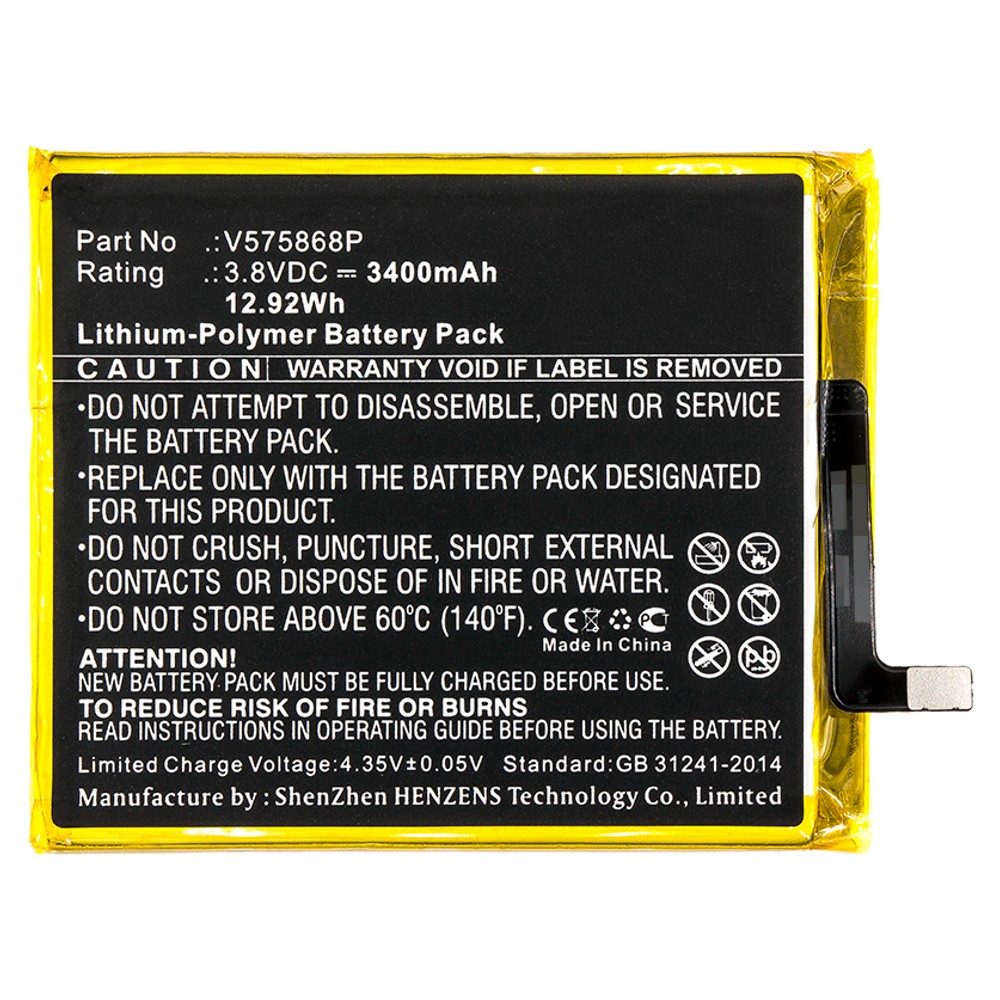 Synergy Digital Cell Phone Battery, Compatible with Blackview V575868P Cell Phone Battery (Li-Pol, 3.8V, 3400mAh)