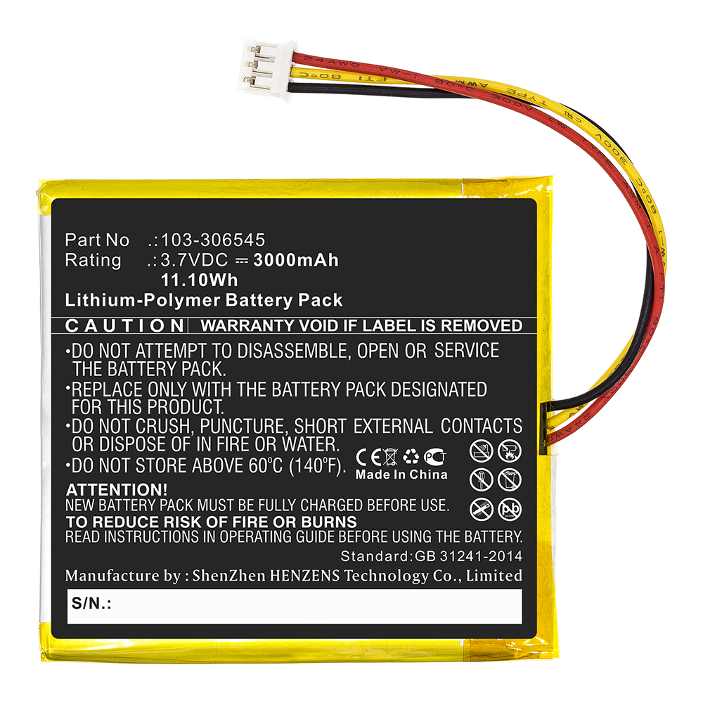 Synergy Digital Alarm System Battery, Compatible with Visonic 103-306545 Alarm System Battery (Li-Pol, 3.7V, 3000mAh)