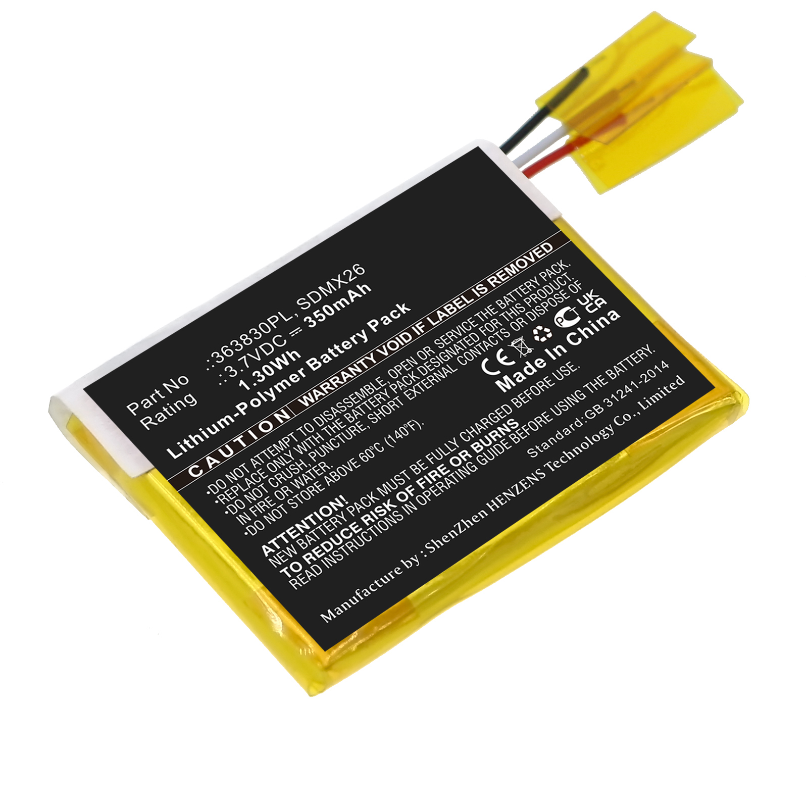 Synergy Digital Player Battery, Compatible with Sandisk 363830PL Player Battery (Li-Pol, 3.7V, 350mAh)