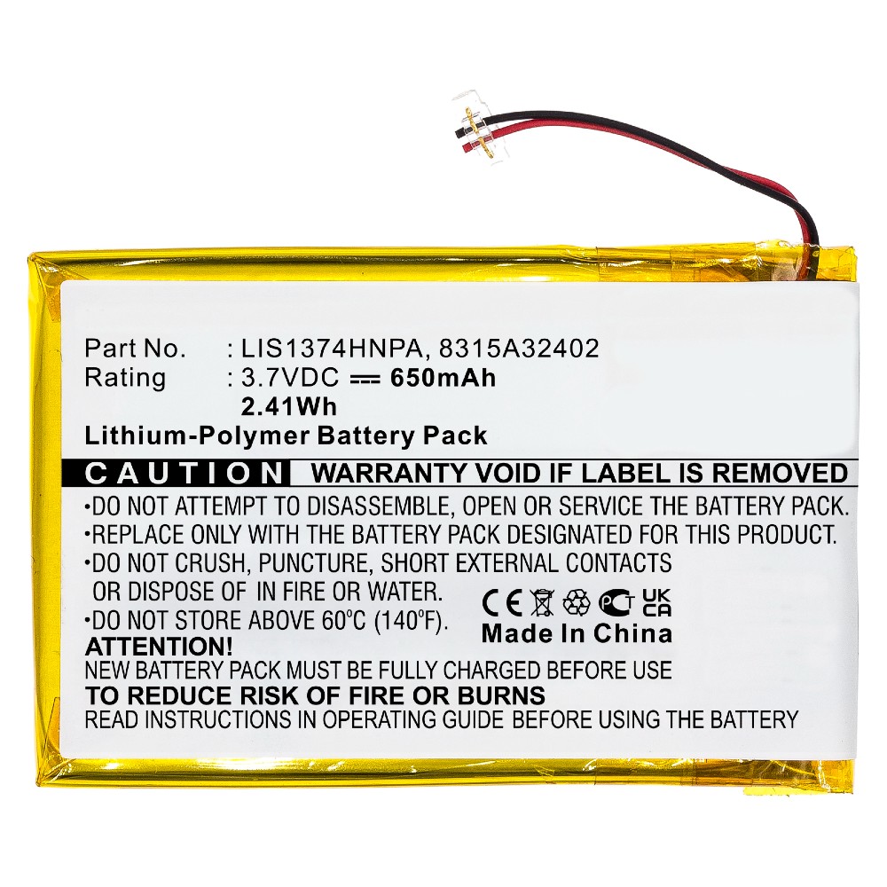 Synergy Digital Player Battery, Compatible with Sony 1-756-702-11, 8315A32402, 8917A44167, LIS1374HNPA Player Battery (3.7, Li-Polymer, 650mAh)