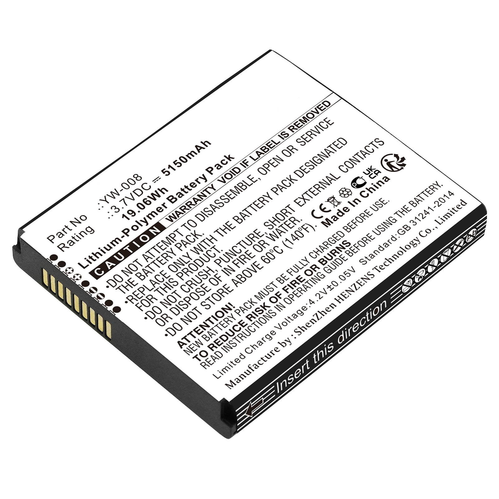 Synergy Digital Credit Card Reader Battery, Compatible with Pax YW-008 Credit Card Reader Battery (Li-Pol, 3.7V, 5150mAh)