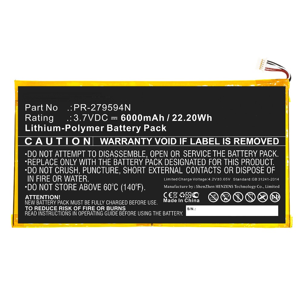 Synergy Digital Tablet Battery, Compatible with Acer PR-279594N, PR-279594N(1ICP3/95/94-2) Tablet Battery (Li-Pol, 3.7V, 6000mAh)