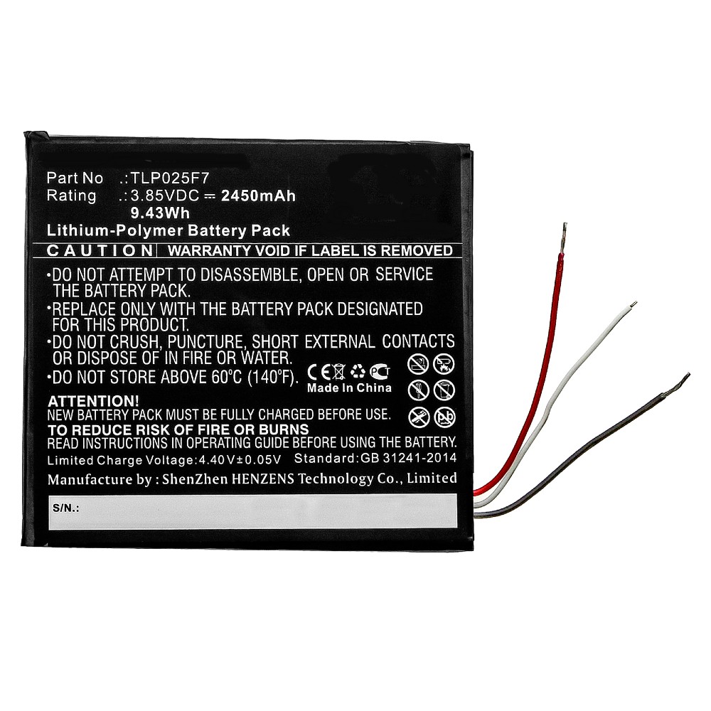 Synergy Digital Tablet Battery, Compatible with Alcatel TLP025F7 Tablet Battery (Li-Pol, 3.85V, 2450mAh)