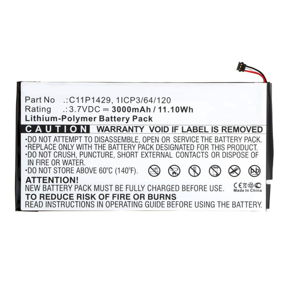 Synergy Digital Tablet Battery, Compatible with Asus 0B200-01490000, 1ICP3/64/120, C11P1429, C11P1429(9), C11P191, C11P1C1, C11PK9H Tablet Battery (Li-Pol, 3.7V, 3000mAh)