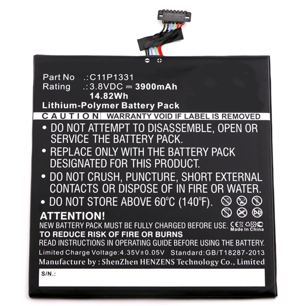 Synergy Digital Tablet Battery, Compatible with Asus C11P1331 Tablet Battery (Li-Pol, 3.8V, 3900mAh)