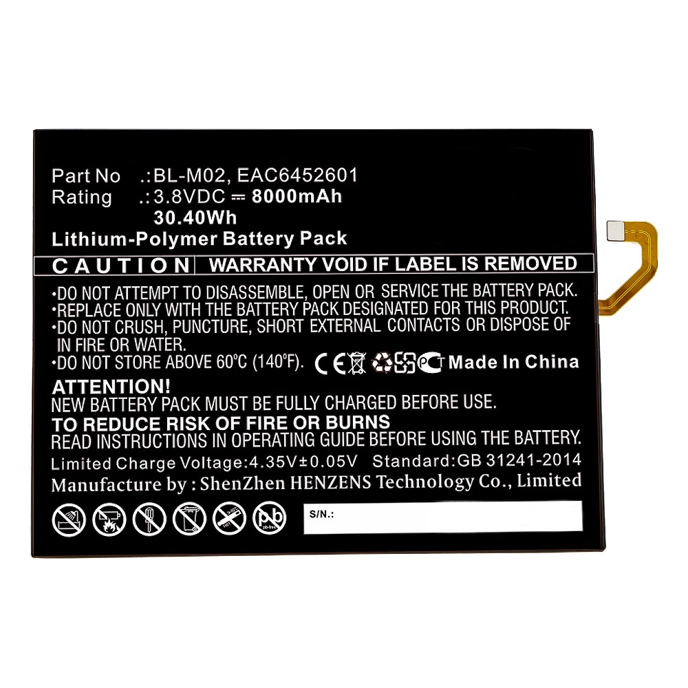 Synergy Digital Tablet Battery, Compatible with LG BL-M02, EAC6452601 Tablet Battery (Li-Pol, 3.8V, 8000mAh)