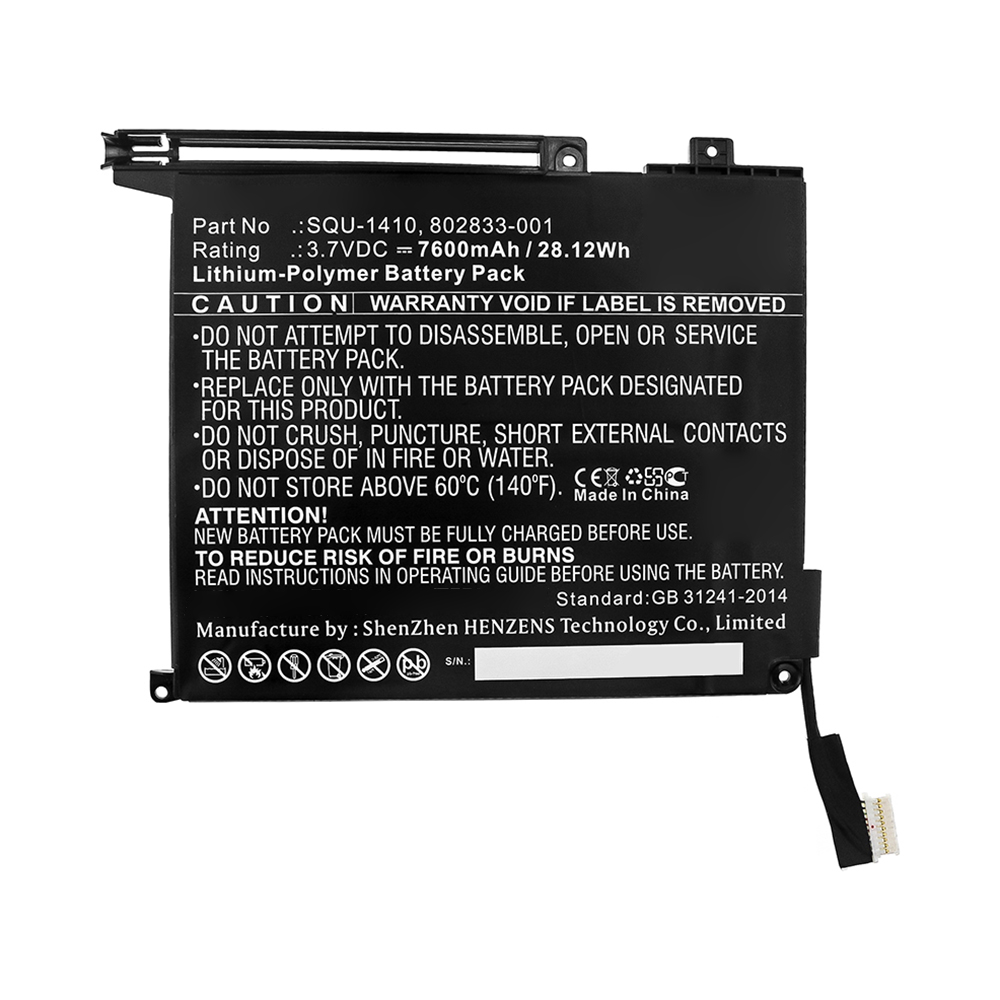 Synergy Digital Tablet Battery, Compatible with HP 802833-001, SQU-1410 Tablet Battery (3.7V, Li-Pol, 7600mAh)