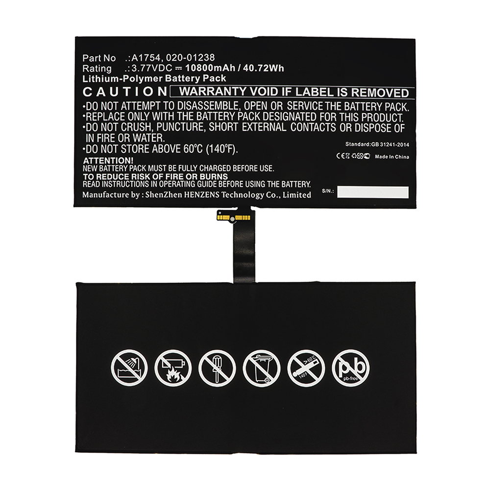 Synergy Digital Tablet Battery, Compatible with Apple 020-01238 Tablet Battery (Li-Pol, 3.77V, 10800mAh)