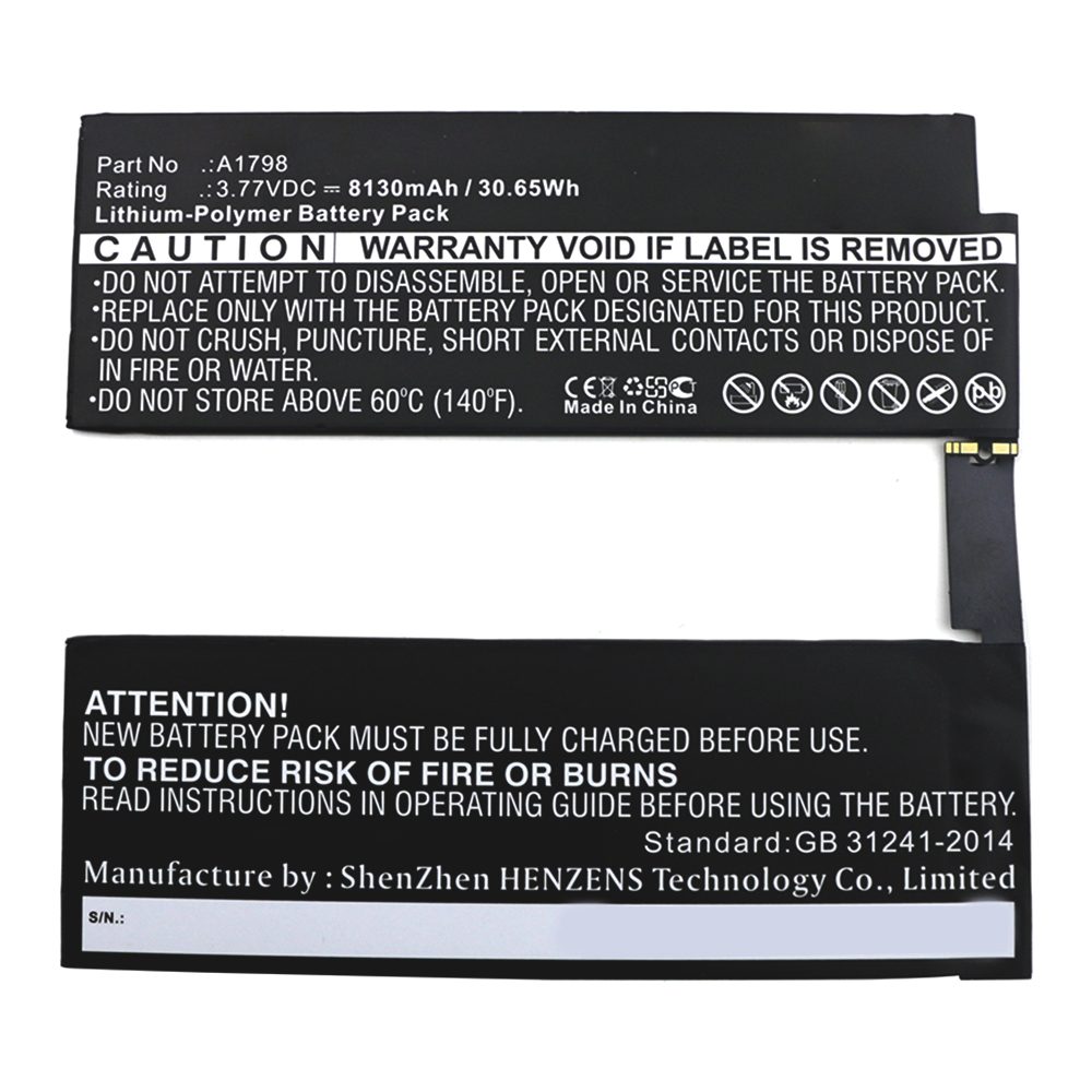 Synergy Digital Tablet Battery, Compatible with Apple A1798 Tablet Battery (Li-Pol, 3.77V, 8130mAh)