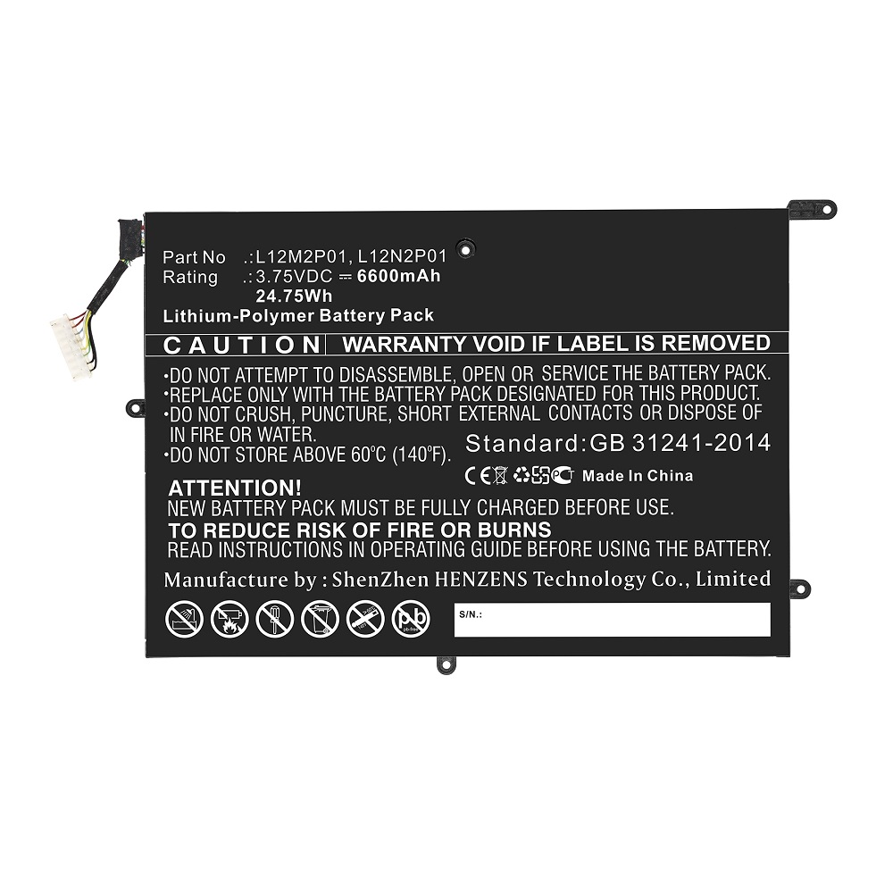 Synergy Digital Tablet Battery, Compatible with Lenovo L12M2P01 Tablet Battery (Li-Pol, 3.75V, 6600mAh)