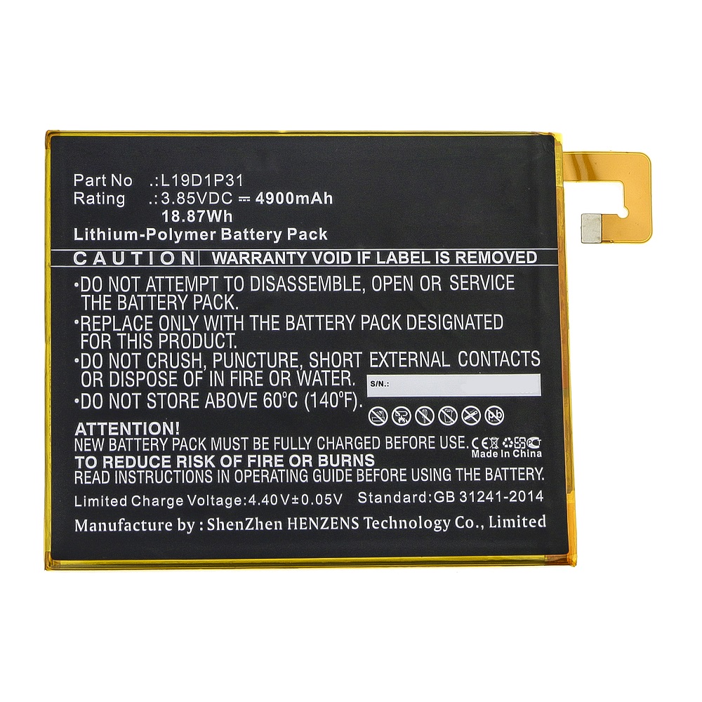 Synergy Digital Tablet Battery, Compatible with Lenovo L19D1P31 Tablet Battery (Li-Pol, 3.85V, 4900mAh)