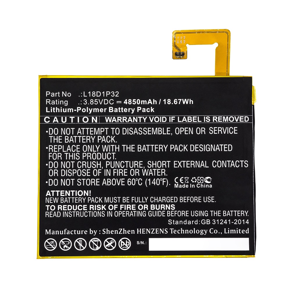 Synergy Digital Tablet Battery, Compatible with Lenovo L18D1P32 Tablet Battery (Li-Pol, 3.85V, 4850mAh)