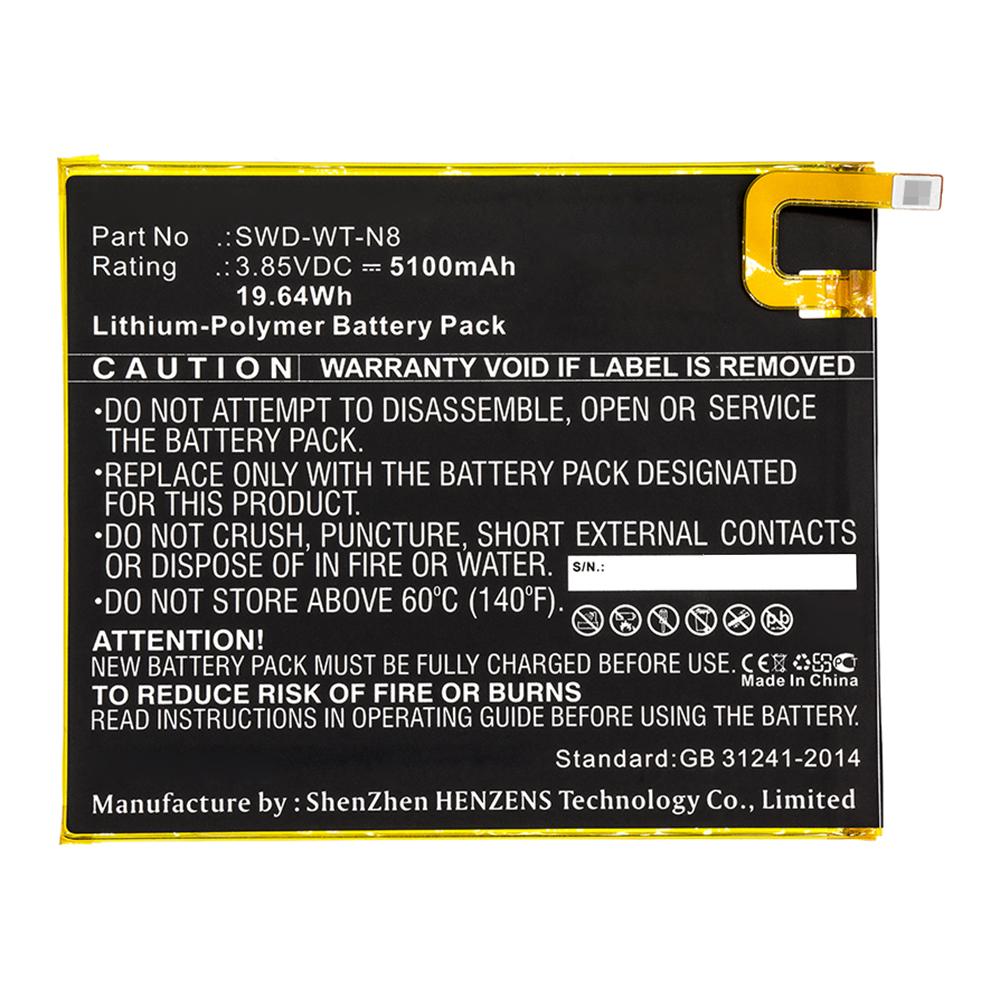 Synergy Digital Tablet Battery, Compatible with Samsung SWD-WT-N8 Tablet Battery (Li-Pol, 3.85V, 5100mAh)