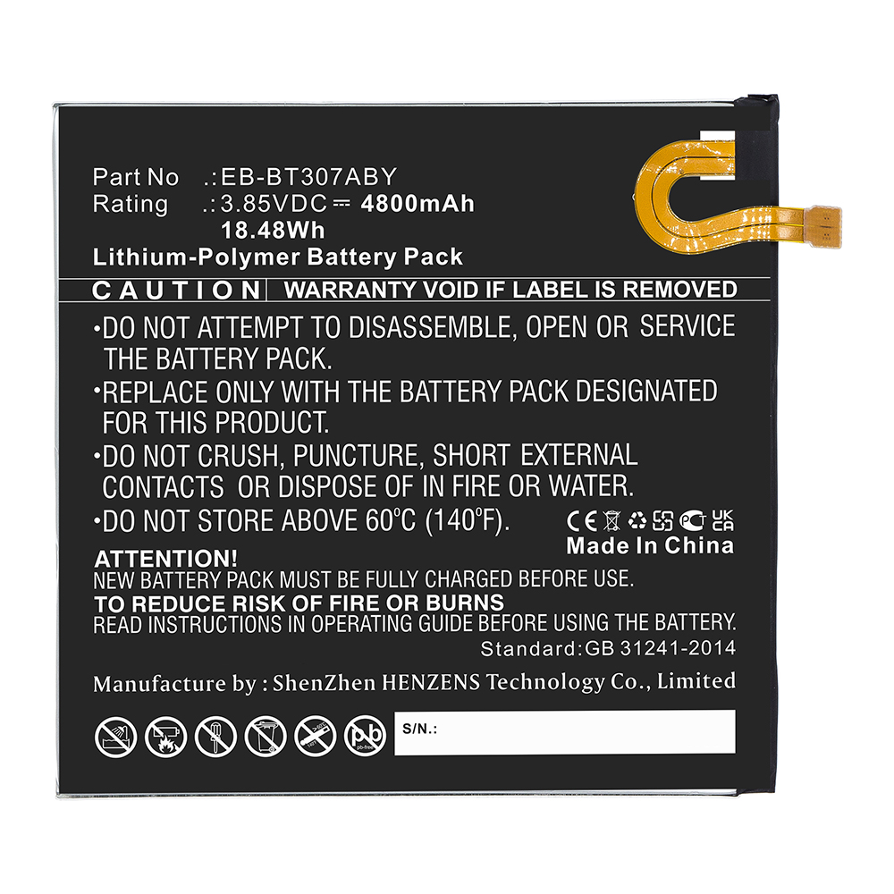 Synergy Digital Tablet Battery, Compatible with Samsung EB-BT307ABY Tablet Battery (Li-Pol, 3.85V, 4800mAh)