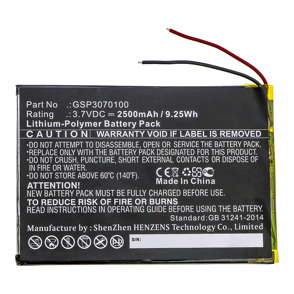 Synergy Digital Tablet Battery, Compatible with SmarTab GSP3070100 Tablet Battery (Li-Pol, 3.7V, 2500mAh)