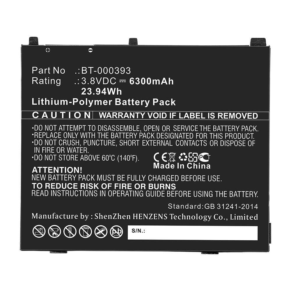 Synergy Digital Tablet Battery, Compatible with Zebra BT-000393 Tablet Battery (Li-Pol, 3.8V, 6300mAh)
