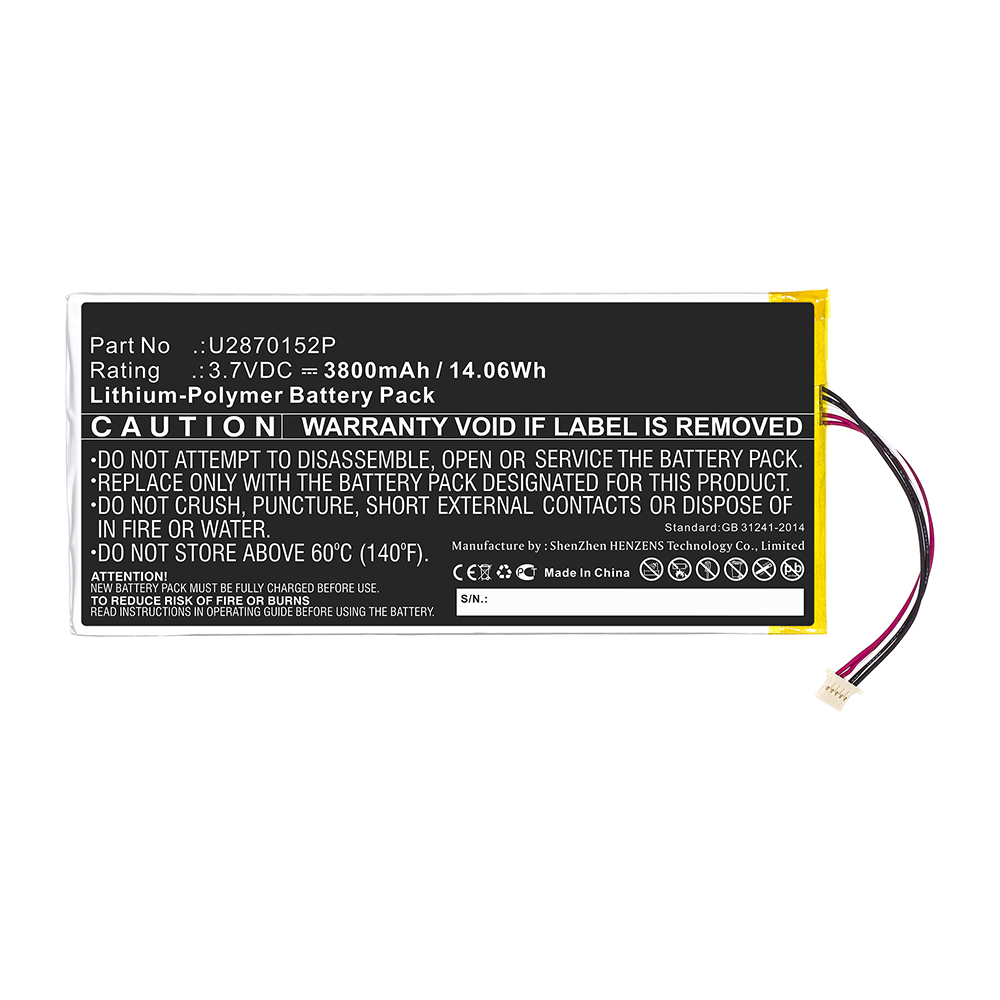 Synergy Digital Tablet Battery, Compatible with U2870152P Tablet Battery (3.7V, Li-Pol, 3800mAh)