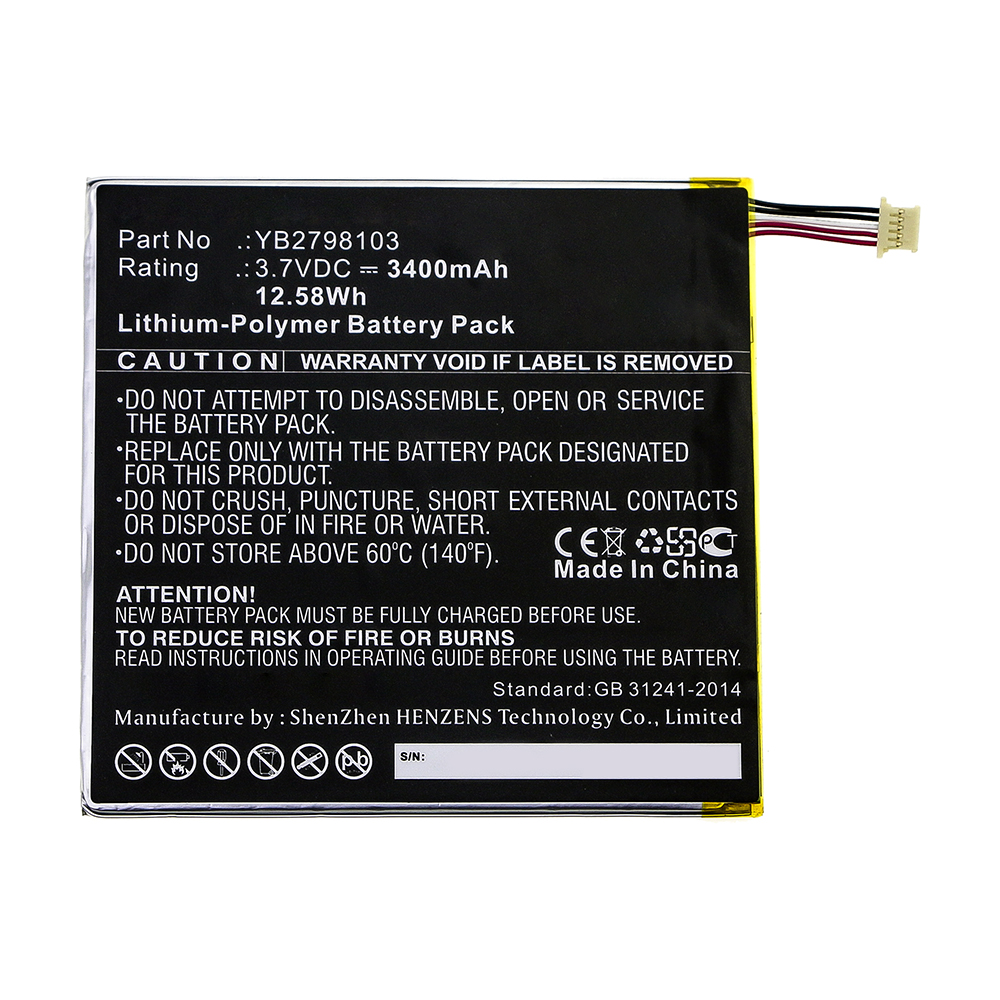 Synergy Digital Tablet Battery, Compatible with YB2798103 Tablet Battery (3.7V, Li-Pol, 3400mAh)