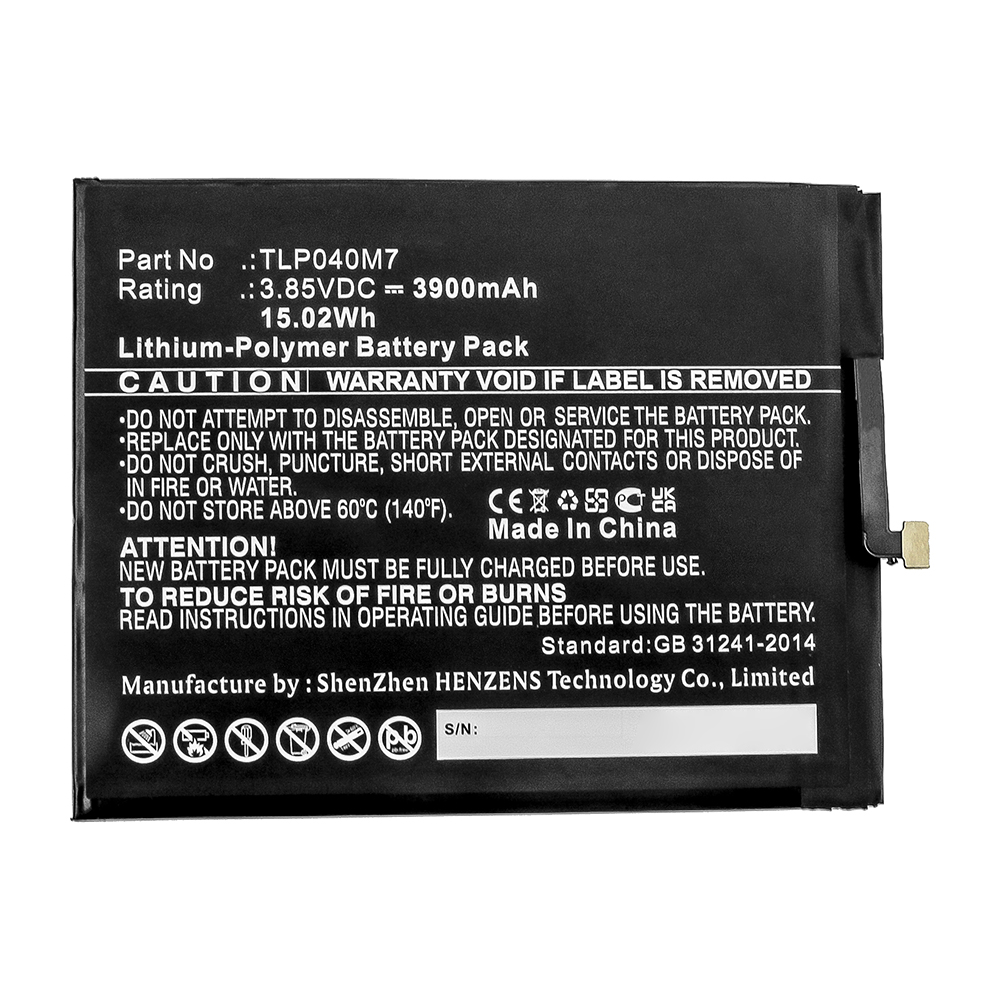 Synergy Digital Tablet Battery, Compatible with Alcatel TLP040M7 Tablet Battery (Li-Pol, 3.85V, 3900mAh)