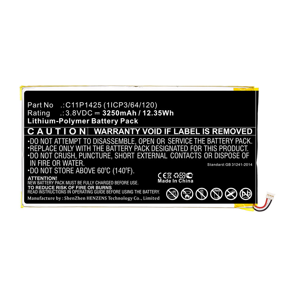 Synergy Digital Tablet Battery, Compatible with Asus C11P1425 (1ICP3/64/120) Tablet Battery (Li-Pol, 3.8V, 3250mAh)