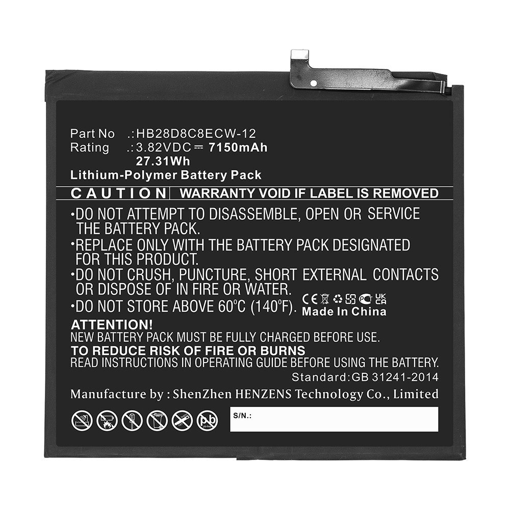 Synergy Digital Tablet Battery, Compatible with Huawei HB28D8C8ECW-12 Tablet Battery (Li-Pol, 3.82V, 7150mAh)