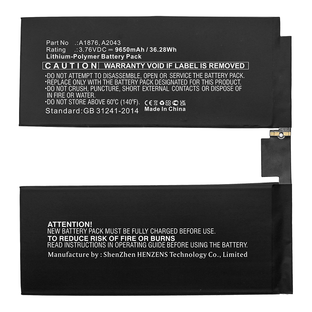 Synergy Digital Tablet Battery, Compatible with Apple A1876 Tablet Battery (Li-Pol, 3.76V, 9650mAh)