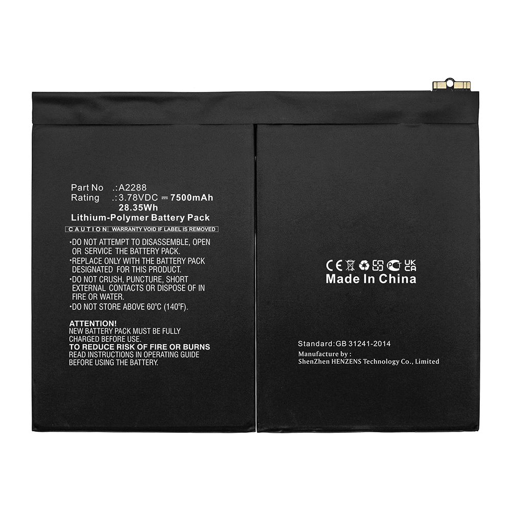 Synergy Digital Tablet Battery, Compatible with Apple A2288 Tablet Battery (Li-Pol, 3.78V, 7500mAh)