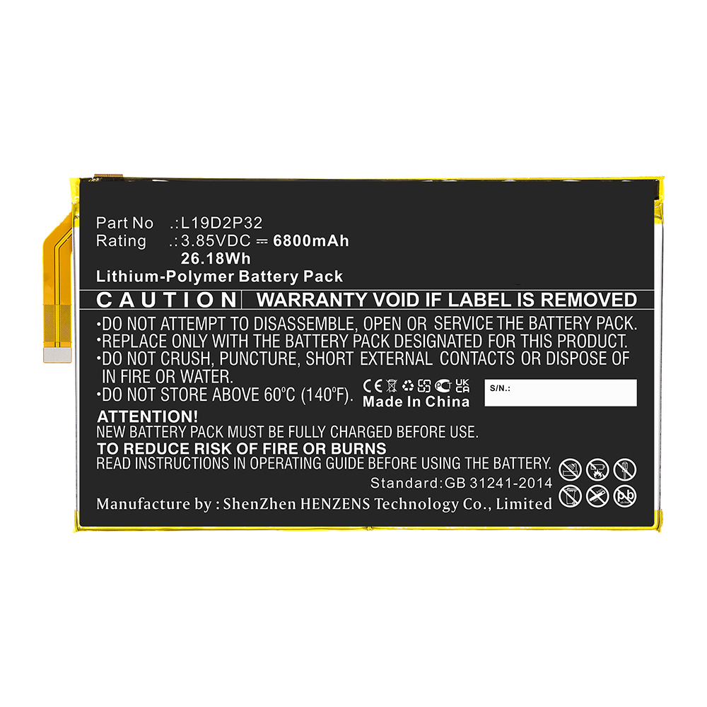 Synergy Digital Tablet Battery, Compatible with Lenovo L19D2P32 Tablet Battery (Li-Pol, 3.85V, 6800mAh)