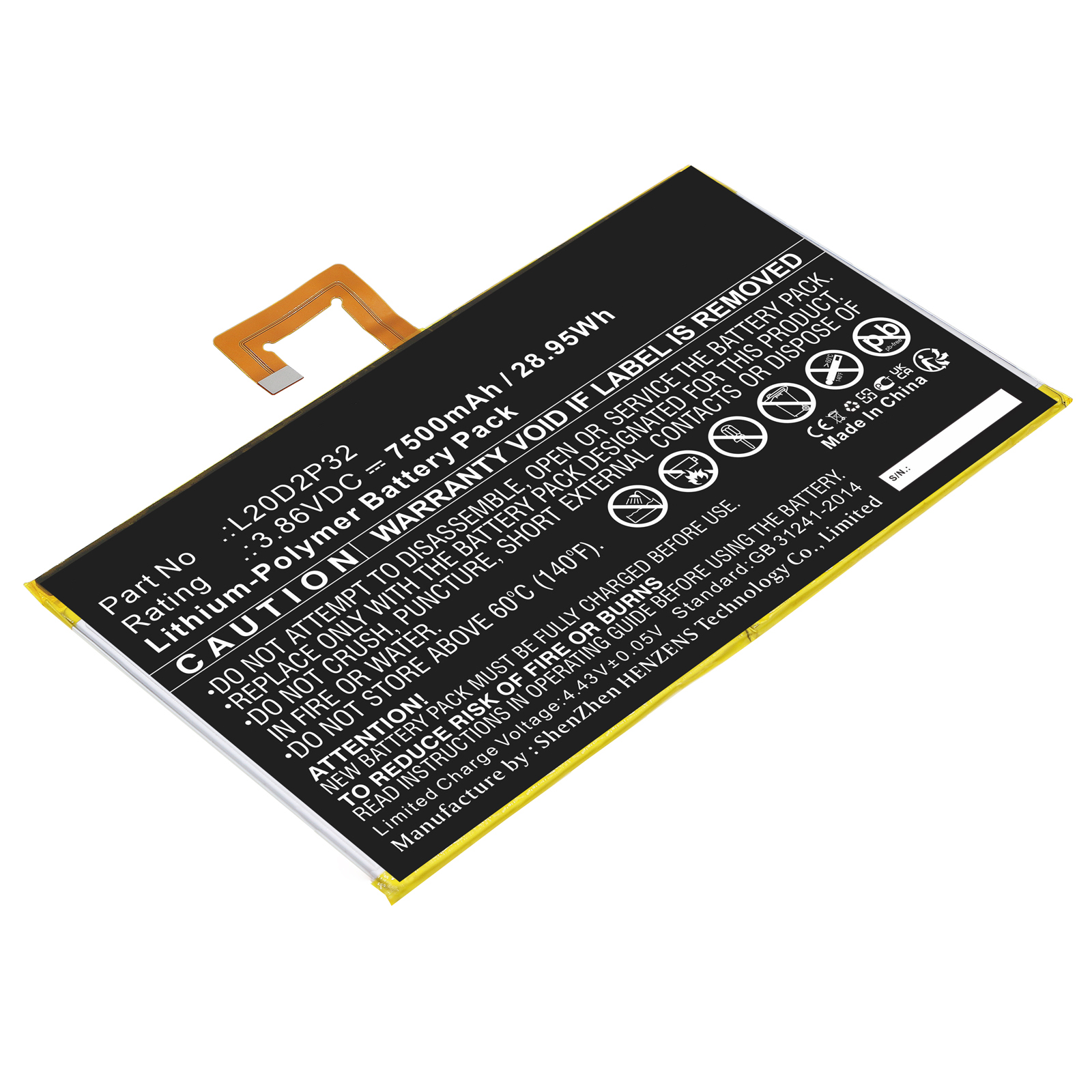 Synergy Digital Tablet Battery, Compatible with Lenovo L20D2P32 Tablet Battery (Li-Pol, 3.86V, 7500mAh)