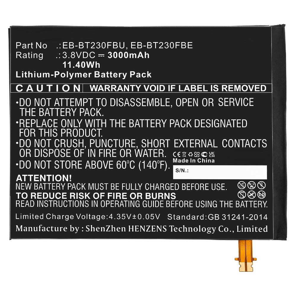 Synergy Digital Tablet Battery, Compatible with Samsung EB-BT230FBE Tablet Battery (Li-Pol, 3.8V, 3000mAh)