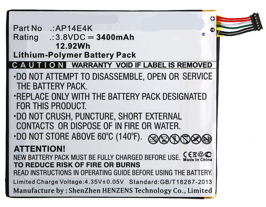 Synergy Digital Tablets Battery, Compatible with Acer AP14E4K, AP14E4K (1ICP4/86/94), AP14E8K, KT.00104.001, KT.0010G.007, KT00104001 Tablets Battery (3.8V, Li-Pol, 3400mAh)