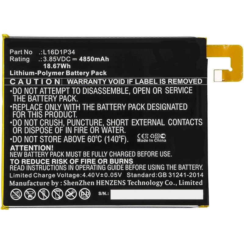 Synergy Digital Tablets Battery, Compatiable with Lenovo L16D1P34 Tablets Battery (3.85V, Li-Pol, 4850mAh)