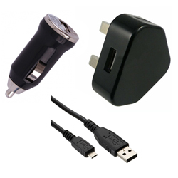 Home & Car Micro-USB Charger Kit For Cellphones - Includes Home AC Adapter, Car Adapter and a USB Sync Data Cable - For Use In The UK