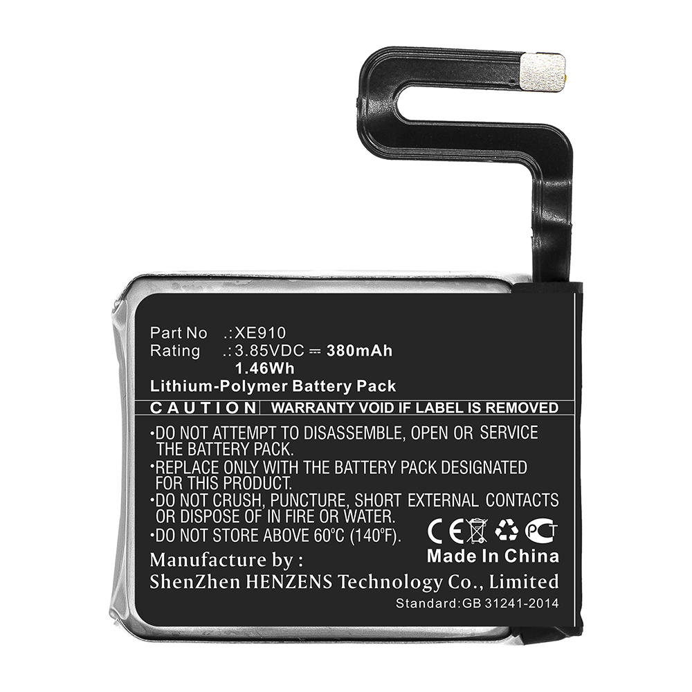 Synergy Digital Smartwatch Battery, Compatible with XE910 Smartwatch Battery (3.85V, Li-Pol, 380mAh)